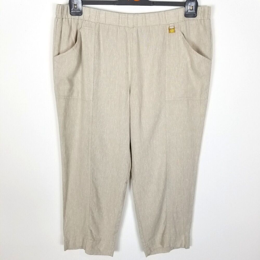 Ellen Tracy Women Linen Blend Cropped Pants Size XL Beige Elastic Waist Pull On
